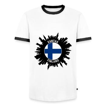 Vantaa Skyline Finland Flag Travel Souvenir - Men's Ringer Shirt - white/black - Front - AI Model Female 172 light (172cm) & AI Model Male 178 dark (178cm)