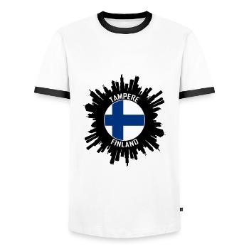 Tampere Skyline Finland Flag Travel Souvenir - Men's Ringer Shirt - white/black - Front - AI Model Female 172 light (172cm) & AI Model Male 178 dark (178cm)