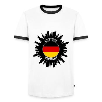 Rostock Skyline Germany Flag Travel Souvenir - Men's Ringer Shirt - white/black - Front - AI Model Female 172 light (172cm) & AI Model Male 178 dark (178cm)
