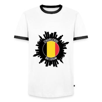 Charleroi Skyline Belgium Flag Travel Souvenir - Men's Ringer Shirt - white/black - Front - AI Model Female 172 light (172cm) & AI Model Male 178 dark (178cm)