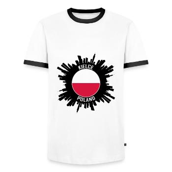 Kielce Skyline Poland Flag Travel Souvenir - Men's Ringer Shirt - white/black - Front - AI Model Female 172 light (172cm) & AI Model Male 178 dark (178cm)