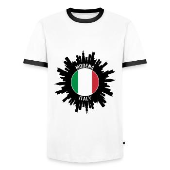 Modena Skyline Italien Flagge Reise-Souvenir - Männer Kontrast-T-Shirt - Weiß/Schwarz - Vorne - AI Model Female 172 light (172cm) & AI Model Male 178 dark (178cm)