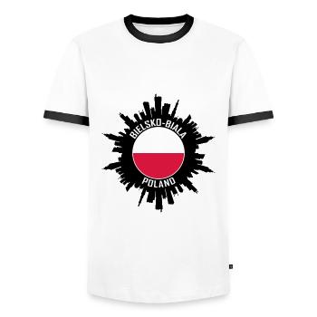 Bielsko Biala Skyline Poland Flag Travel Souvenir - Men's Ringer Shirt - white/black - Front - AI Model Female 172 light (172cm) & AI Model Male 178 dark (178cm)