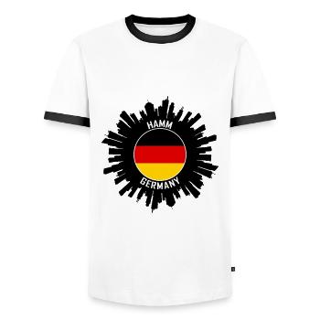 Hamm Skyline Germany Flag Travel Souvenir - Men's Ringer Shirt - white/black - Front - AI Model Female 172 light (172cm) & AI Model Male 178 dark (178cm)
