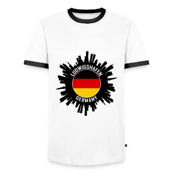 Ludwigshafen Skyline Germany Flag Travel Souvenir - Men's Ringer Shirt - white/black - Front - AI Model Female 172 light (172cm) & AI Model Male 178 dark (178cm)