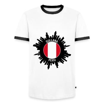 Sullana Skyline Peru Flagge Reise-Souvenir - Männer Kontrast-T-Shirt - Weiß/Schwarz - Vorne - AI Model Female 172 light (172cm) & AI Model Male 178 dark (178cm)