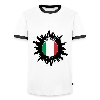 Ravenna Skyline Italy Flag Travel Souvenir - Men's Ringer Shirt - white/black - Front - AI Model Female 172 light (172cm) & AI Model Male 178 dark (178cm)