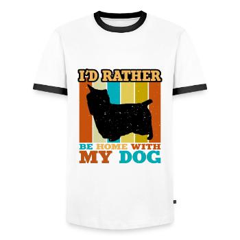Australian Silky Terrier Dog Silhouette Retro Sun - Men's Ringer Shirt - white/black - Front - AI Model Female 172 light (172cm) & AI Model Male 178 dark (178cm)