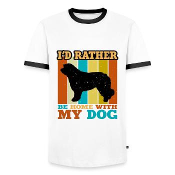 Catalan Sheepdog Dog Lover Silhouette Retro Sunset - Men's Ringer Shirt - white/black - Front - AI Model Female 172 light (172cm) & AI Model Male 178 dark (178cm)