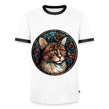 American Wirehair Cat Breed Watercolor Glass - Men's Ringer Shirt - white/black - Front - AI Model Female 172 light (172cm) & AI Model Male 178 dark (178cm)