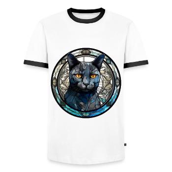 Russische blaue Katzenrasse Aquarellglas - Männer Kontrast-T-Shirt - Weiß/Schwarz - Vorne - AI Model Female 172 light (172cm) & AI Model Male 178 dark (178cm)