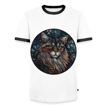 Sibirische Katzenrasse Aquarell Glasmalerei - Männer Kontrast-T-Shirt - Weiß/Schwarz - Vorne - AI Model Female 172 light (172cm) & AI Model Male 178 dark (178cm)