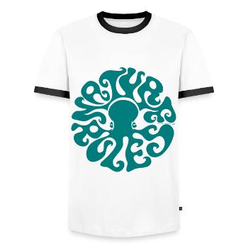 NATURE RULES! Psychedelic Octopus Sixties Turquoise - Men's Ringer Shirt - white/black - Front - AI Model Female 172 light (172cm) & AI Model Male 178 dark (178cm)