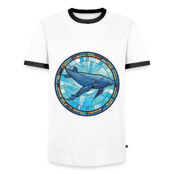 Blue Whale Colorful Watercolor Animal Illustration - Men's Ringer Shirt - white/black - Front - AI Model Female 172 light (172cm) & AI Model Male 178 dark (178cm)