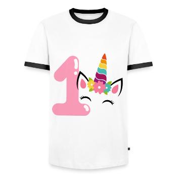 1st birthday. first birthday - Men's Ringer Shirt - white/black - Front - AI Model Female 172 light (172cm) & AI Model Male 178 dark (178cm)