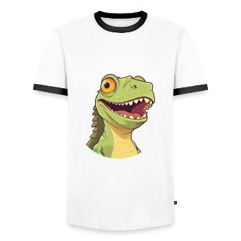 Iguana Cartoon Kawaii Watercolor Illustration - Men's Ringer Shirt - white/black - Front - AI Model Female 172 light (172cm) & AI Model Male 178 dark (178cm)
