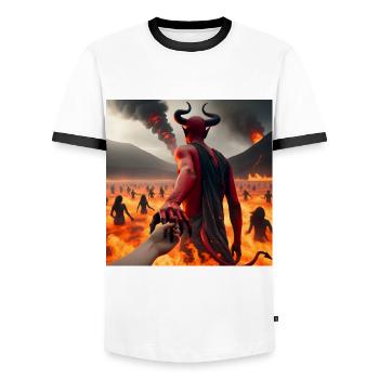 Folge mir in den Abgrund - Infernal Devil's Pact #15 - Männer Kontrast-T-Shirt - Weiß/Schwarz - Vorne - AI Model Female 172 light (172cm) & AI Model Male 178 dark (178cm)