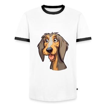 Schweizer Laufhund Hunderasse Cartoon Kawaii Illust - Männer Kontrast-T-Shirt - Weiß/Schwarz - Vorne - AI Model Female 172 light (172cm) & AI Model Male 178 dark (178cm)