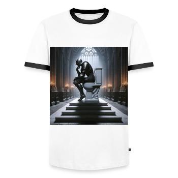 Fart Souls - Hollow Knight on Porcelain Throne #05 - Men's Ringer Shirt - white/black - Front - AI Model Female 172 light (172cm) & AI Model Male 178 dark (178cm)