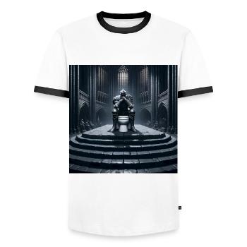 Fart Souls - Hollow Knight on Porcelain Throne #11 - Men's Ringer Shirt - white/black - Front - AI Model Female 172 light (172cm) & AI Model Male 178 dark (178cm)