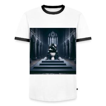 Fart Souls - Hollow Knight on Porcelain Throne #08 - Men's Ringer Shirt - white/black - Front - AI Model Female 172 light (172cm) & AI Model Male 178 dark (178cm)