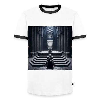 Fart Souls - Hollow Knight on Porcelain Throne #07 - Men's Ringer Shirt - white/black - Front - AI Model Female 172 light (172cm) & AI Model Male 178 dark (178cm)