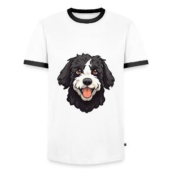 Portugiesischer Wasserhund Rasse Aquarell Cartoon Kawa - Männer Kontrast-T-Shirt - Weiß/Schwarz - Vorne - AI Model Female 172 light (172cm) & AI Model Male 178 dark (178cm)