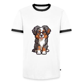 Australian Shepherd Dog Breed Watercolor Cartoon K - Men's Ringer Shirt - white/black - Front - AI Model Female 172 light (172cm) & AI Model Male 178 dark (178cm)