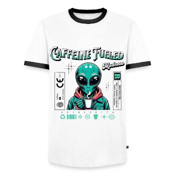 Caffeine-Charged Madness - Funny Alien Theme - Men's Ringer Shirt - white/black - Front - AI Model Female 172 light (172cm) & AI Model Male 178 dark (178cm)