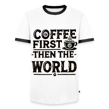 Coffee First Saying Coffee Funny Gift - Men's Ringer Shirt - white/black - Front - AI Model Female 172 light (172cm) & AI Model Male 178 dark (178cm)