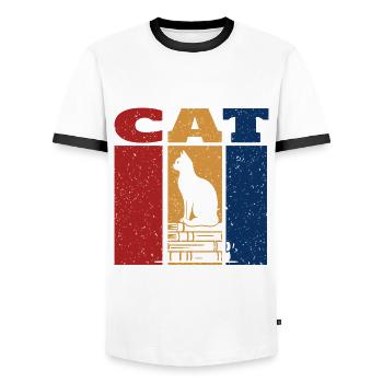 Katze auf Büchern Retro-Design - Männer Kontrast-T-Shirt - Weiß/Schwarz - Vorne - AI Model Female 172 light (172cm) & AI Model Male 178 dark (178cm)