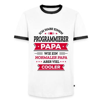 PROGRAMMIERER PAPA: COOL, TECH, DIGITAL, INNOVATIV - Männer Kontrast-T-Shirt - Weiß/Schwarz - Vorne - AI Model Female 172 light (172cm) & AI Model Male 178 dark (178cm)