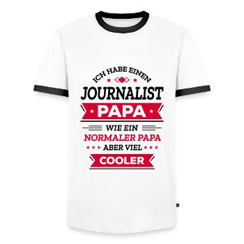 JOURNALIST PAPA: COOL, VATERTAG, WEIHNACHTEN - Männer Kontrast-T-Shirt - Weiß/Schwarz - Vorne - AI Model Female 172 light (172cm) & AI Model Male 178 dark (178cm)