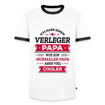 VERLEGER PAPA: COOL, VATERTAG, WEIHNACHTEN - Männer Kontrast-T-Shirt - Weiß/Schwarz - Vorne - AI Model Female 172 light (172cm) & AI Model Male 178 dark (178cm)