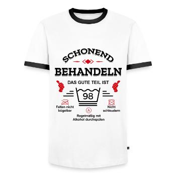 HANDLE MIT SORGFALT – 98 JAHRE PERFEKTION - Männer Kontrast-T-Shirt - Weiß/Schwarz - Vorne - AI Model Female 172 light (172cm) & AI Model Male 178 dark (178cm)