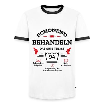 HANDLE MIT SORGFALT – 94 JAHRE PERFEKTION - Männer Kontrast-T-Shirt - Weiß/Schwarz - Vorne - AI Model Female 172 light (172cm) & AI Model Male 178 dark (178cm)
