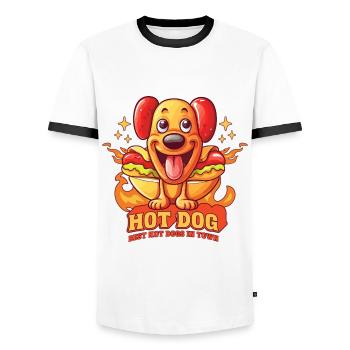 hot-dog, chien, saucisse, fast-food, jeux de mots, drôle, humour - T-shirt contrasté Homme - blanc/noir - Devant - AI Model Female 172 light (172cm) & AI Model Male 178 dark (178cm)