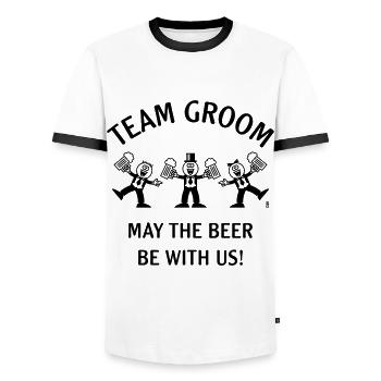 Team Groom (Karikatur / Bier mit uns / 1C) - Männer Kontrast-T-Shirt - Weiß/Schwarz - Vorne - AI Model Female 172 light (172cm) & AI Model Male 178 dark (178cm)