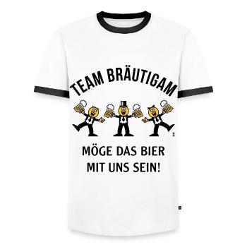 Team Bräutigam (Karikatur / Bier Mit Uns / 3C / B) - Männer Kontrast-T-Shirt - Weiß/Schwarz - Vorne - AI Model Female 172 light (172cm) & AI Model Male 178 dark (178cm)