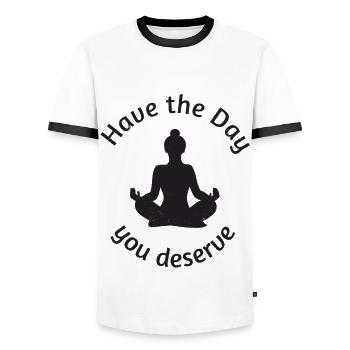 Have the Day you deserve! Buddha meditating - Men's Ringer Shirt - white/black - Front - AI Model Female 172 light (172cm) & AI Model Male 178 dark (178cm)