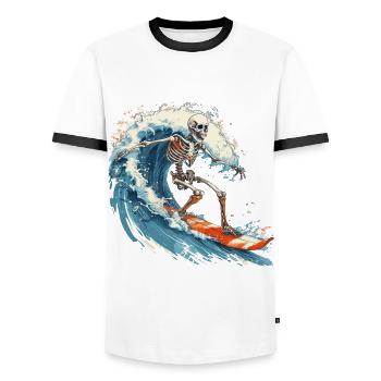 Skeleton Surfing Surfboard Vacation Beach - Men's Ringer Shirt - white/black - Front - AI Model Female 172 light (172cm) & AI Model Male 178 dark (178cm)