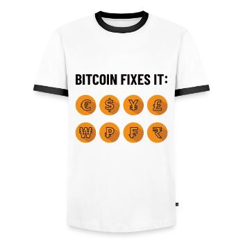 Bitcoin Fixes It - Bitcoiner, BTC Only Geschenk - Männer Kontrast-T-Shirt - Weiß/Schwarz - Vorne - AI Model Female 172 light (172cm) & AI Model Male 178 dark (178cm)