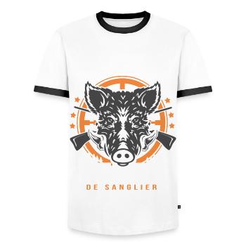 Damien chasseur de sanglier Humour Chasse - T-shirt contrasté Homme - blanc/noir - Devant - AI Model Female 172 light (172cm) & AI Model Male 178 dark (178cm)