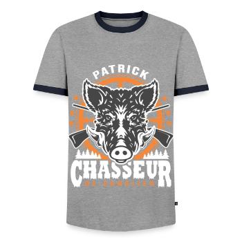 Patrick chasseur de sanglier Humour Chasse - T-shirt contrasté Homme - gris/marine  - Devant - AI Model Female 172 light (172cm) & AI Model Male 178 light (178cm)