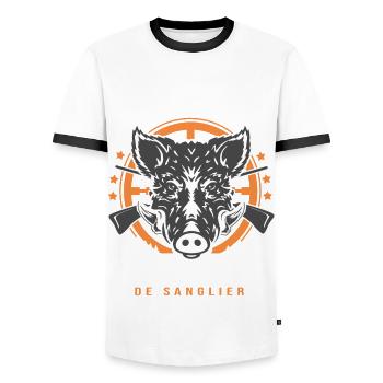 Lucas chasseur de sanglier Humour Chasse - T-shirt contrasté Homme - blanc/noir - Devant - AI Model Female 172 light (172cm) & AI Model Male 178 dark (178cm)