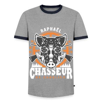 Raphaël chasseur de sanglier Humour Chasse - T-shirt contrasté Homme - gris/marine  - Devant - AI Model Female 172 light (172cm) & AI Model Male 178 light (178cm)