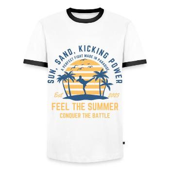 Kickboxing summer on the beach under palm trees - Men's Ringer Shirt - white/black - Front - AI Model Female 172 light (172cm) & AI Model Male 178 dark (178cm)
