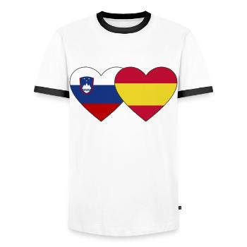 Slovénie Espagne Drapeau Coeur - T-shirt contrasté Homme - blanc/noir - Devant - AI Model Female 172 light (172cm) & AI Model Male 178 dark (178cm)