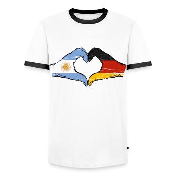 Argentina Germany Flag Hands Heart Shape Used - Men's Ringer Shirt - white/black - Front - AI Model Female 172 light (172cm) & AI Model Male 178 dark (178cm)