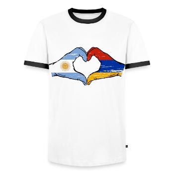 Argentina Armenia Flag Hands Heart Shape Used - Men's Ringer Shirt - white/black - Front - AI Model Female 172 light (172cm) & AI Model Male 178 dark (178cm)